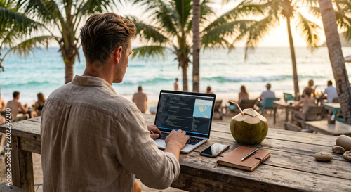 A person is working on a laptop at a beachside location, enjoying the serene ocean view. The setting combines productivity with relaxation, featuring palm trees and a coconut drink.