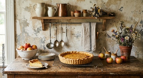 Freshly baked custard tart and sliced piece on a rustic wooden table with apples and vintage kitchenware in a cottage-style kitchen.