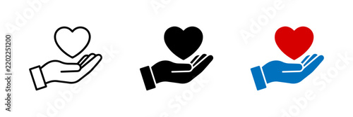 Hand holding heart icon set with outline and solid style symbols representing love, kindness, donation, healthcare, and social support for vector illastration. 