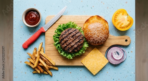High angle flat lay of fresh gourmet burger ingredients featuring a grilled beef patty on lettuce, toasted sesame bun, cheddar cheese, red onion, tomato, crispy french fries, and tomato ketchup.