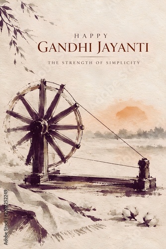 Happy Gandhi Jayanti Illustration with Charkha Spinning Wheel