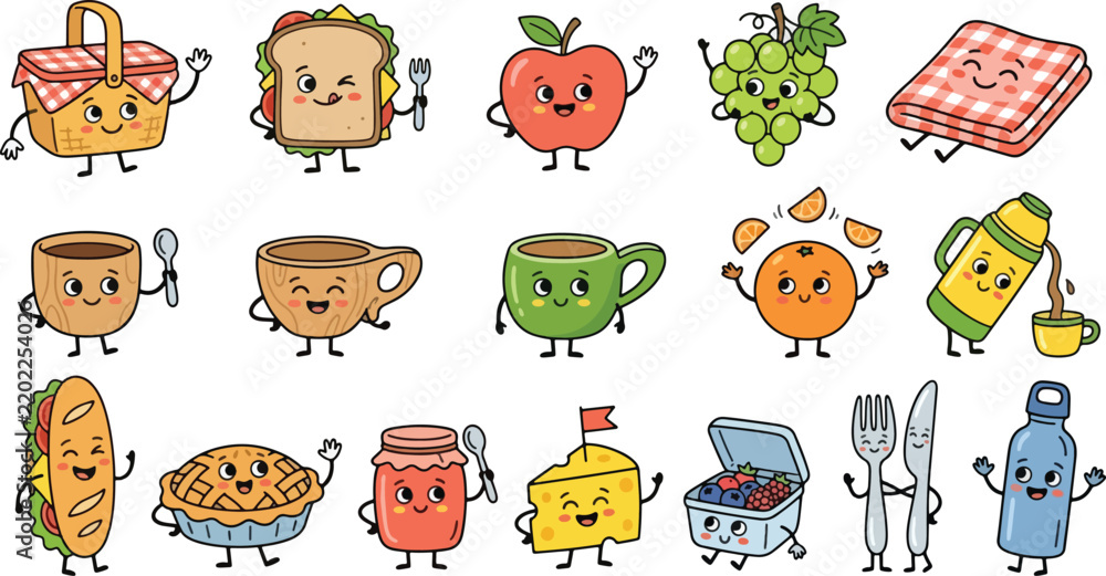 Obraz premium Charming collection of cheerful cartoon picnic food characters featuring smiling sandwiches apples grapes mugs and snacks enjoying a sunny outdoor dining adventure together with fun