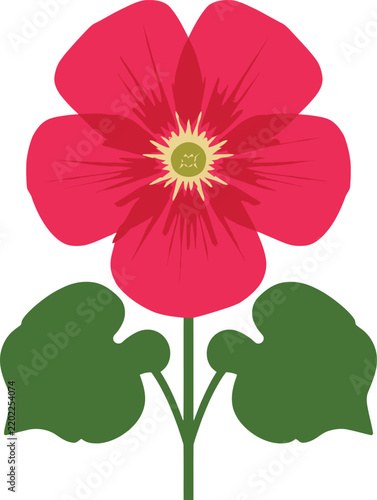 Print Red hibiscus flower illustration with green leaves on a white background