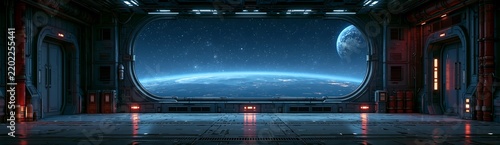 Space station interior with massive viewport overlooking blue planet.