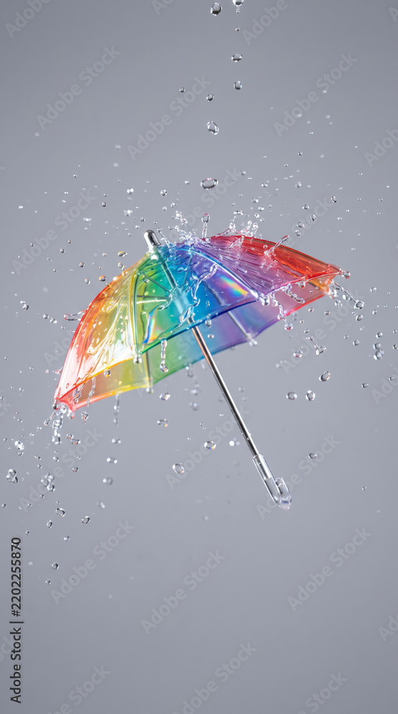 Obraz premium Colorful Rainbow Umbrella in Rain with Splashing Drops