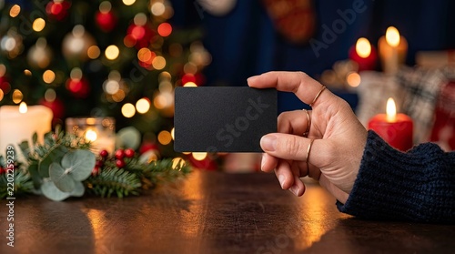 Hand holding a blank black card against a blurred christmas background