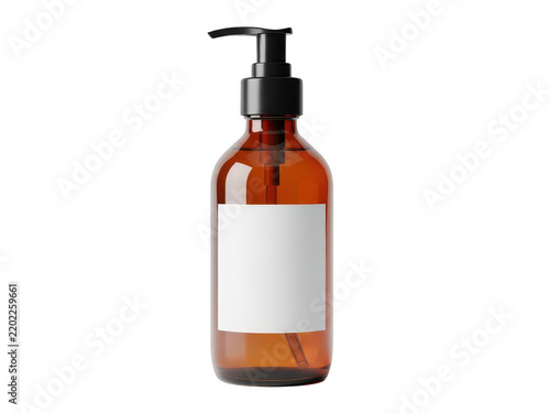 Amber glass cosmetic soap bottle with black pump dispenser isolated on transparent background