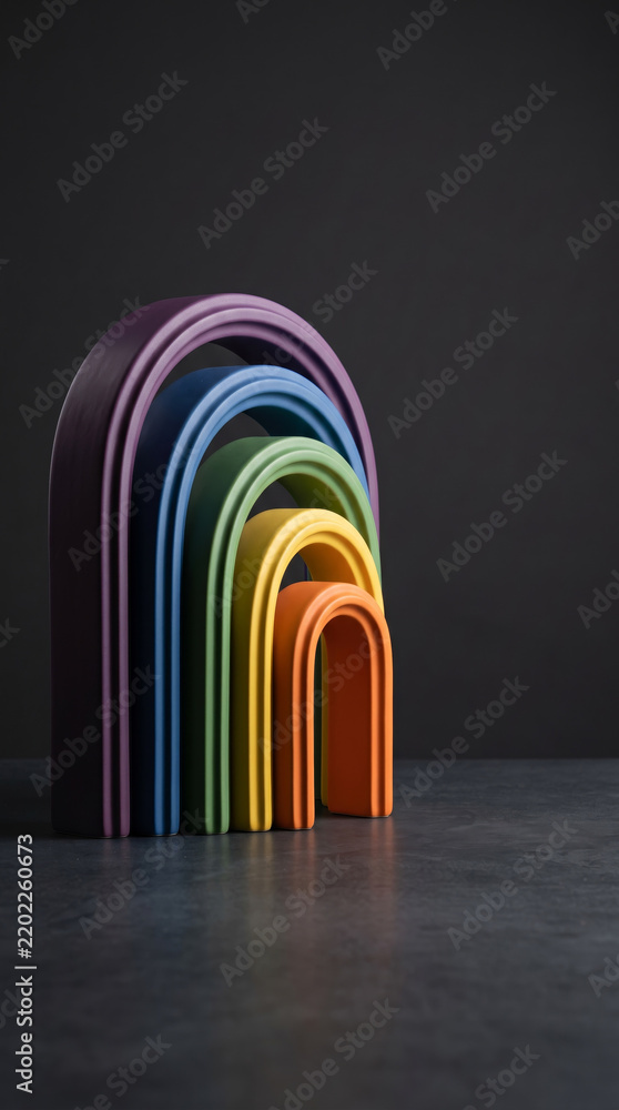 Obraz premium Colorful Wooden Stacked Arches Rainbow Decorative Sculpture On Grey Floor