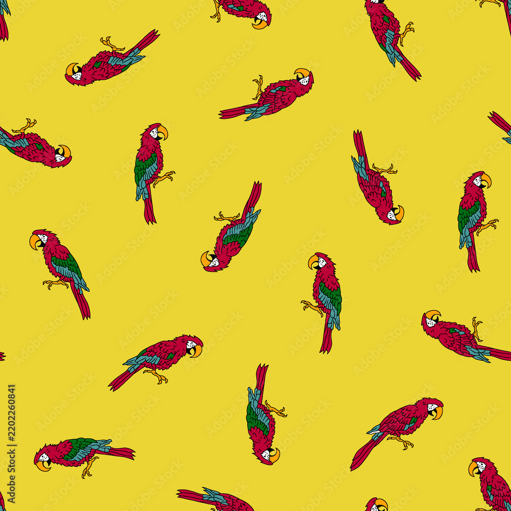 Obraz premium Colorful Parrots Pattern on Yellow Background