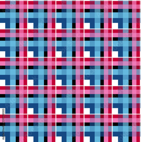 Abstract geometric grid pattern with pink and blue neon reflection on glass surface
