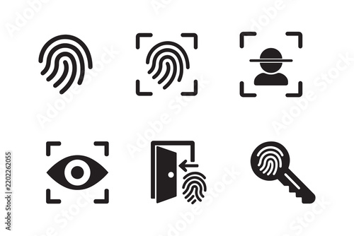 Biometric access control icon collection fingerprint eye door key
Set of biometric icons including fingerprint scan face eye door access and key for security authentication