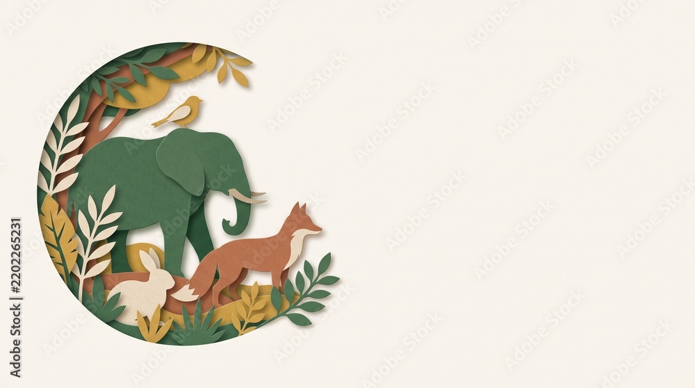 Obraz premium Paper cutout elephant, fox, rabbit, and bird gather in forest foliage. A circular scene sits left with copy space on the right. Wildlife conservation and nature education concept.