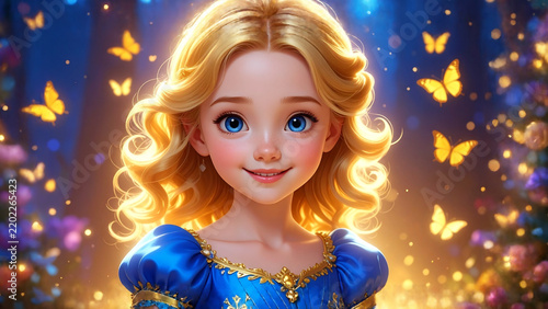 Cute blonde girl character in blue dress surrounded by glowing yellow butterflies. Ideal for children storytelling, fairy tale book illustration, fantasy digital content, animation and branding.