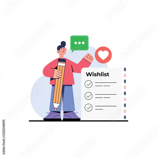 Person holding large pencil near wishlist with heart icon illustration