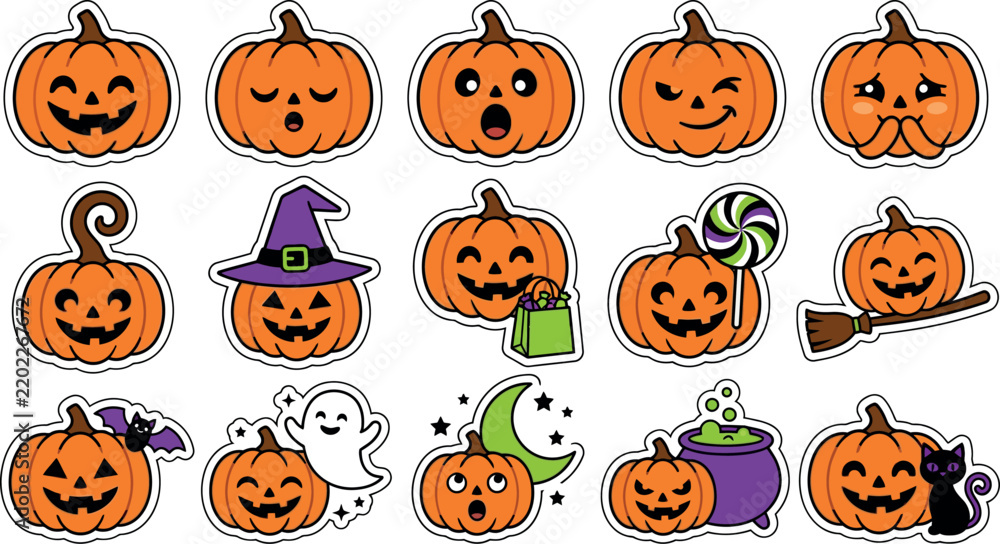 Obraz premium Assorted Halloween pumpkins with expressive faces and holiday elements on transparent background.