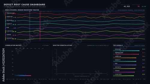 Explore a sophisticated defect root cause dashboard that correlates sensor signals with quality failures, showcasing dynamic waveforms and a correlation matrix in dark mode.