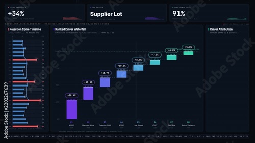 Explore the Cause Analysis Dashboard featuring a Ranked Driver Waterfall Chart and Rejection Spike Timeline in a sleek industrial monitoring aesthetic.