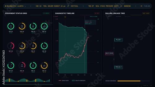 A detailed manufacturing diagnostics dashboard showcasing the connection between quality issues and equipment conditions with a sleek, modern design and animated data visualizations.