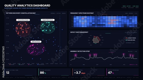 Explore a cutting-edge AI-powered quality analytics dashboard revealing hidden patterns behind recurring defects with an interactive design and vibrant color palette.