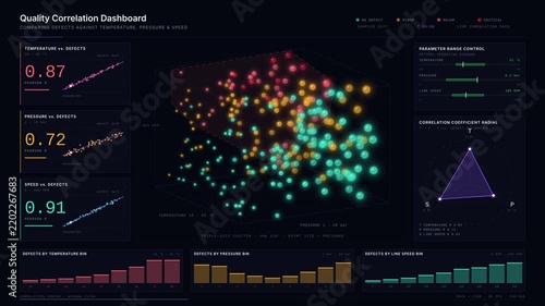 Explore a comprehensive Quality Correlation Dashboard showcasing defects against temperature, pressure, and speed with stunning 3D scatter plots and vibrant color coding.