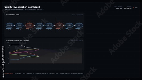 Explore a dark-mode quality investigation dashboard showcasing recurring failures across production steps with animated charts and dynamic interface elements.