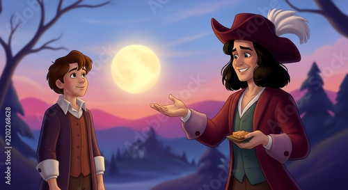 Two men in colonial clothing under moonlit sky
