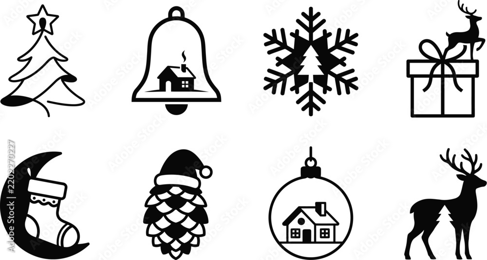 Fototapeta premium Eight black and white flat icons depict christmas themes on a white background holiday festive