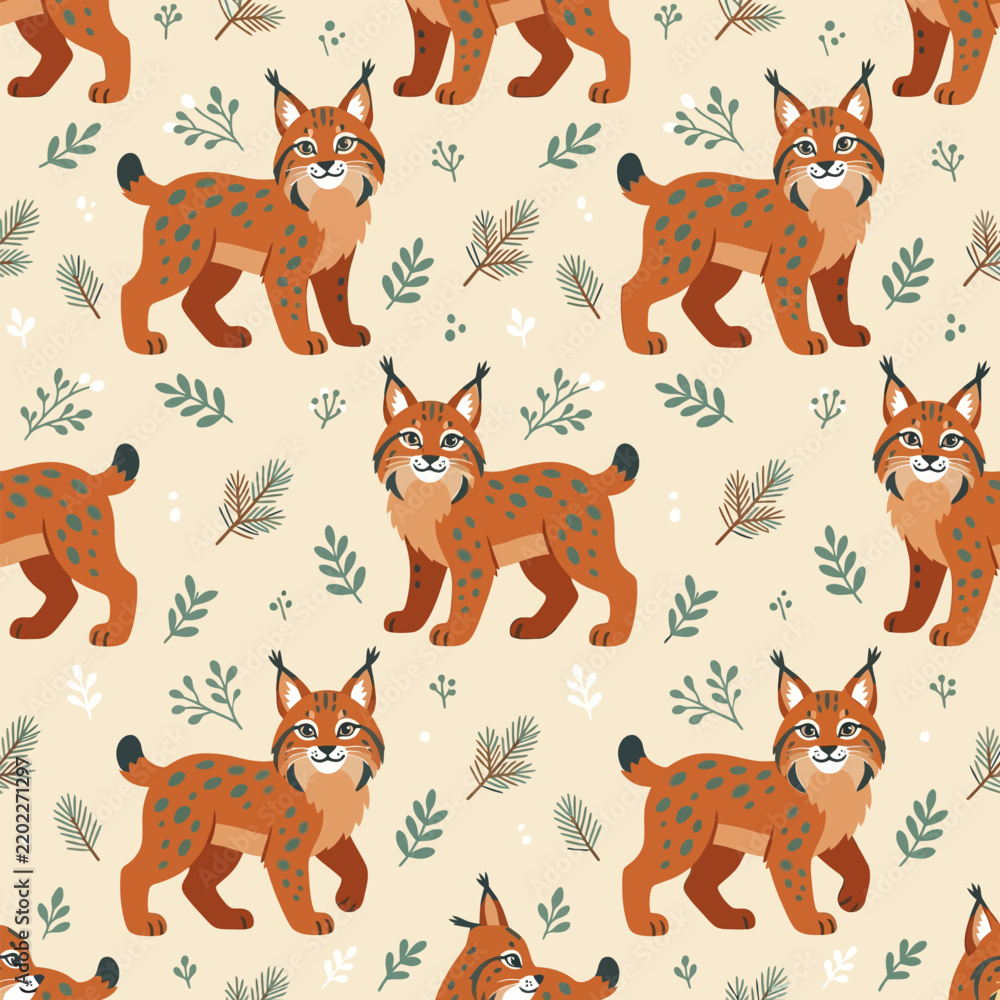 Obraz premium Seamless repeating pattern featuring stylized cartoon lynxes with orange fur and blue spots, integrated with green pine needles and leafy branches on a light beige background.