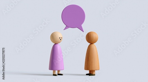 Two simplified figures engage in conversation under a purple speech bubble.