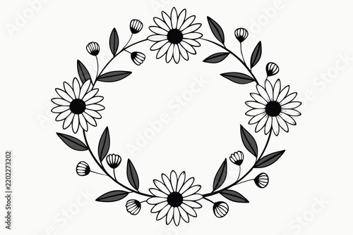 Elegant floral wreath design featuring daisies leaves and buds arranged in a decorative circle frame.