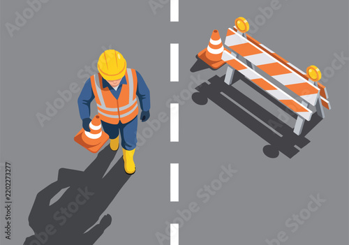 Isometric illustration of a road worker holding a traffic cone on a street with construction barriers and lane markings