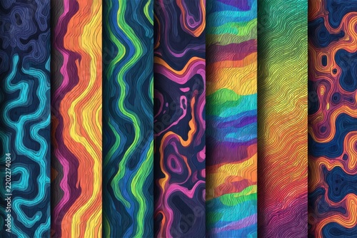 Abstract wavy organic patterns in vibrant rainbow gradients with textured surfaces for digital design