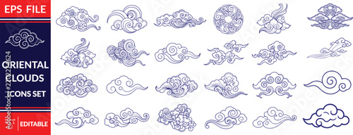 Hand drawn oriental clouds and wind set . 