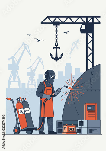 Welder working in shipyard on ship hull vector illustration of heavy industry manufacturing, shipbuilding, and industrial metal construction