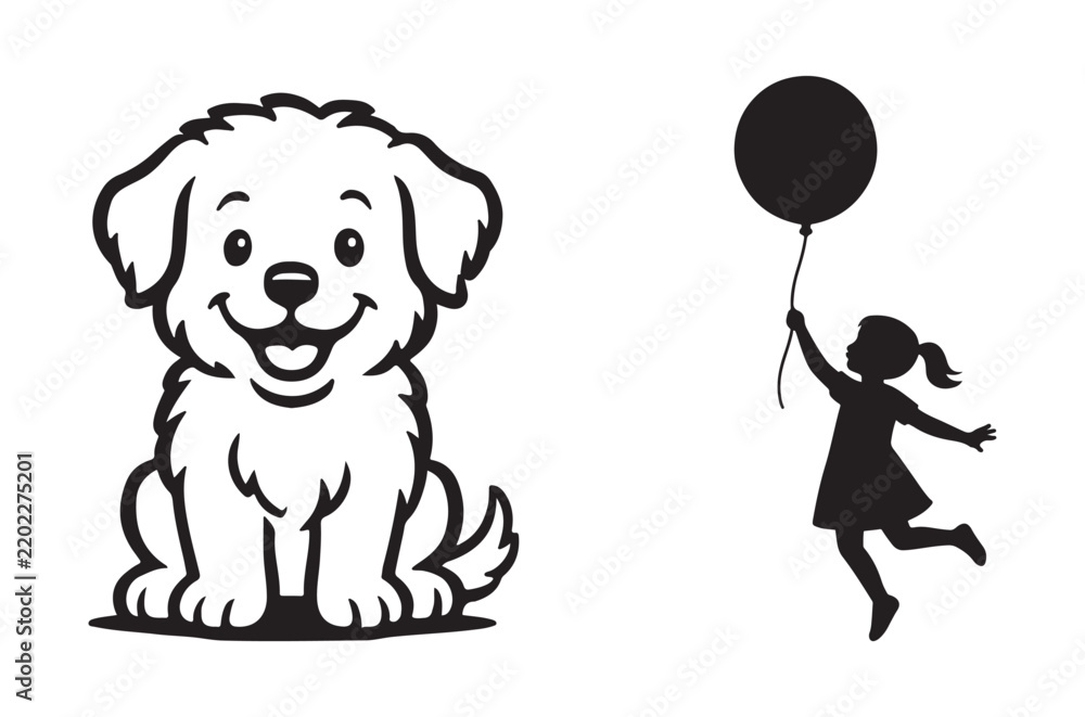 Obraz premium cartoon dog and girl silhouette holding balloon