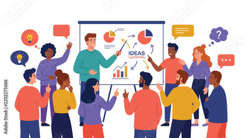 Diverse business team collaborating and brainstorming during presentation with charts on whiteboard flat vector illustration