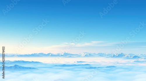 青空のもと雲海から突き出た雄大な白い雪山の稜線のイラスト