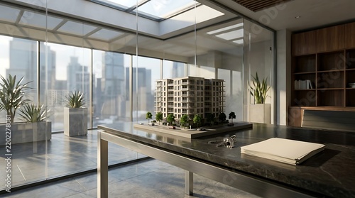 Un agente immobiliare lavora con il modellino di un nuovo complesso residenziale in un ufficio moderno con vista città