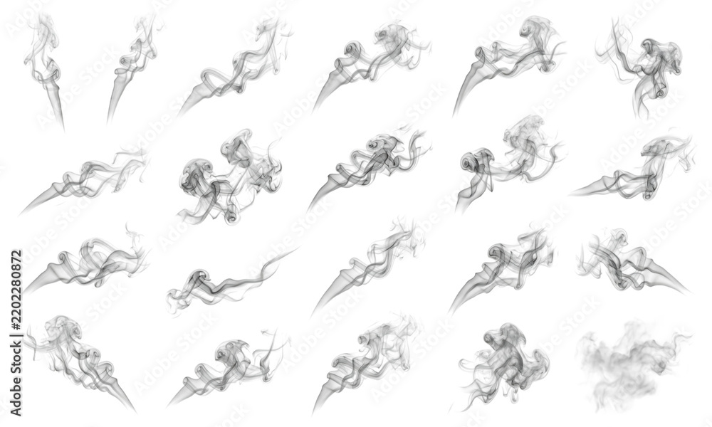Fototapeta premium Smoke collection of thin flowing wisps drifting in various directions isolated on a transparent background for creative design projects.