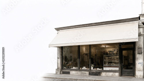 Blank white storefront awning over boutique shop window