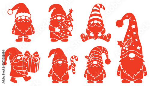 Christmas gnomes vector set with Santa hats, holiday trees, and presents for winter season design