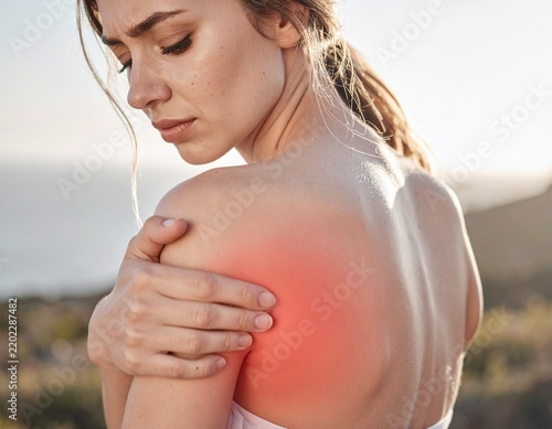 Woman touching her painful shoulder highlighted in glowing red against soft natural light.