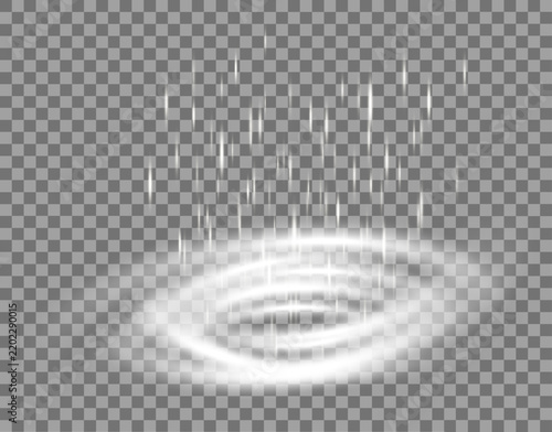 Bright white glowing energy portal with luminous rings and falling light particles on transparent background.