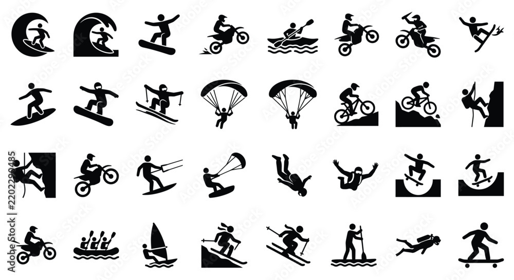 Fototapeta premium Comprehensive collection of black silhouette pictograms representing various extreme sports and outdoor activities like surfing, snowboarding, motocross, climbing, and kayaking on white.