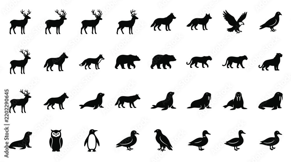 Fototapeta premium Comprehensive set of black animal silhouettes on white background including deer, wolves, foxes, eagles, owls, hawks, bears, mountain lions, seals, walruses, penguins, and ducks.