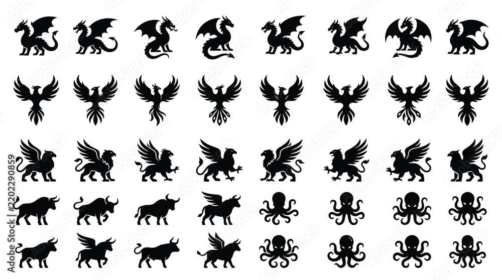 Fototapeta premium Collection of black silhouette icons featuring various mythical and real creatures including dragons, phoenixes, griffins, bulls, winged bulls, and octopuses on a plain white background.