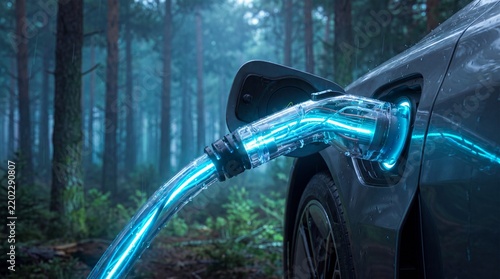 Electric vehicle charging in nature. Glowing blue power cable connected to electric car. Green energy and eco friendly transport concept.