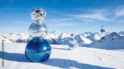 Surreal winter landscape featuring a giant snowman made of silver and blue disco balls wearing ski goggles on a snowy mountain slope. Perfect for apres-ski parties, winter festivals, ski advertising