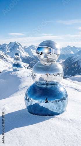 Surreal winter landscape featuring a giant snowman made of silver and blue disco balls wearing ski goggles on a snowy mountain slope. Perfect for apres-ski parties, winter festivals, ski advertising