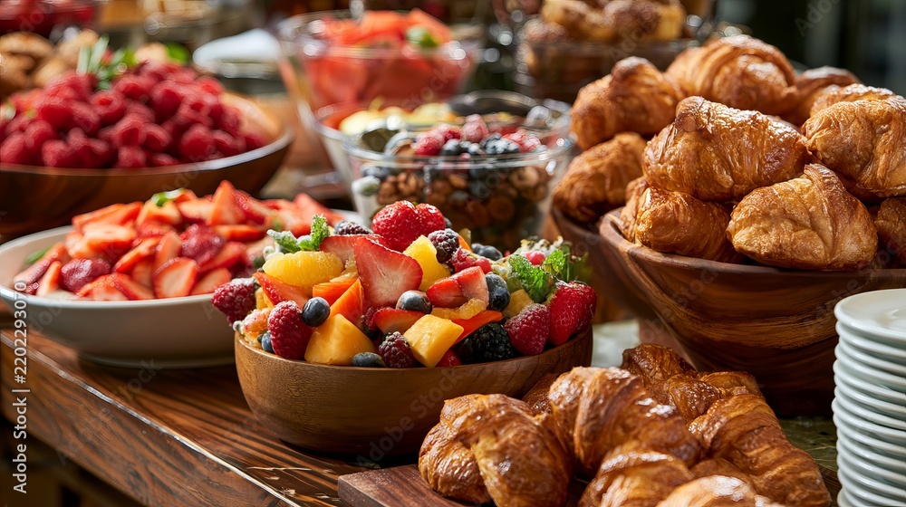 Obraz premium Freshly baked croissants, berries, and tropical fruits arranged attractively, representing a delicious breakfast buffet concept